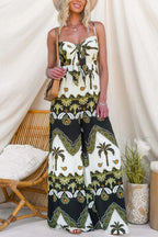 Unique Print Casual Spaghetti Strap High Waist Resort Loose Wide Leg Jumpsuit