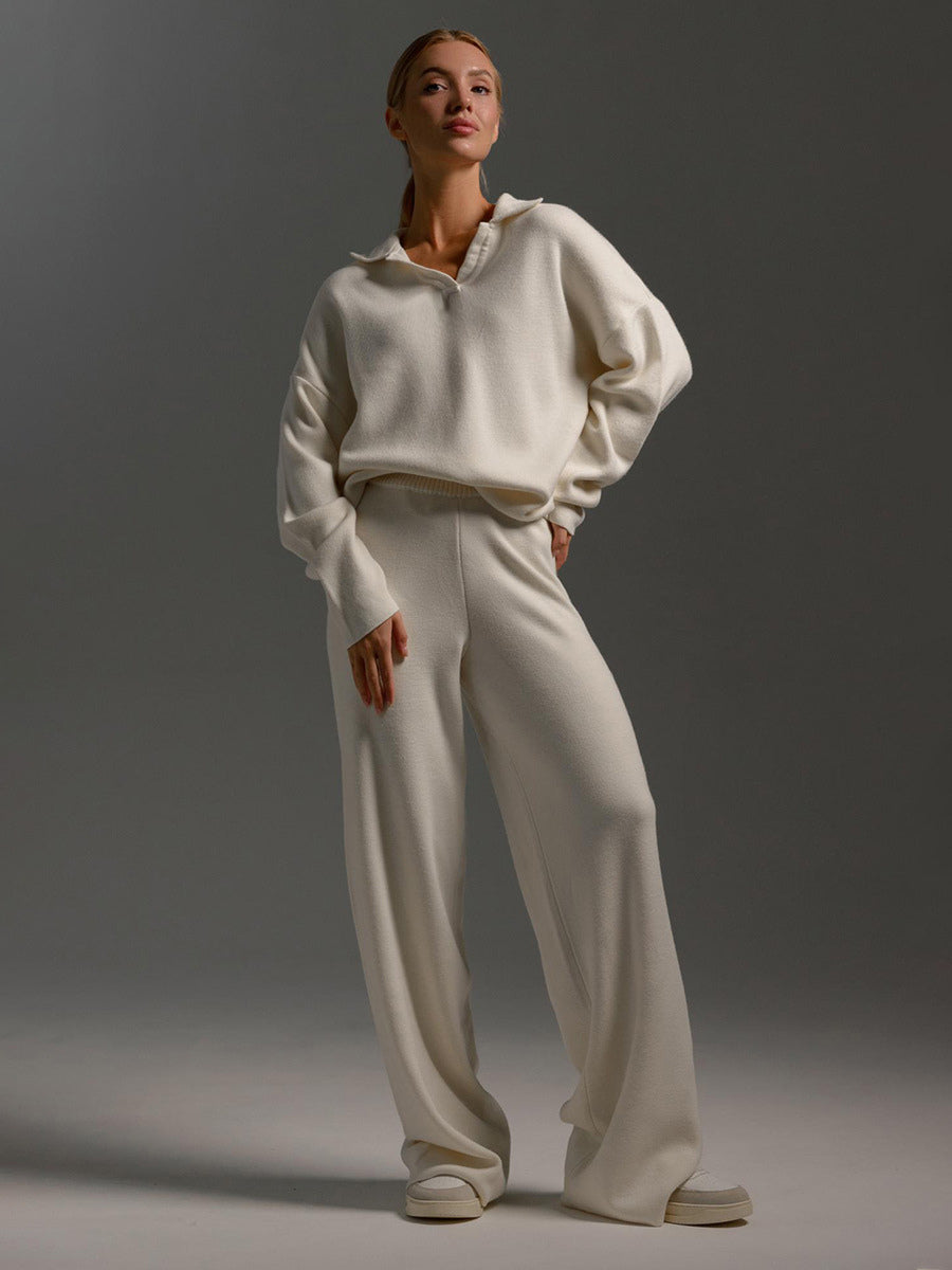 Knit Pant Set Drop Shoulder Pullover And Wide Leg Trousers For Women