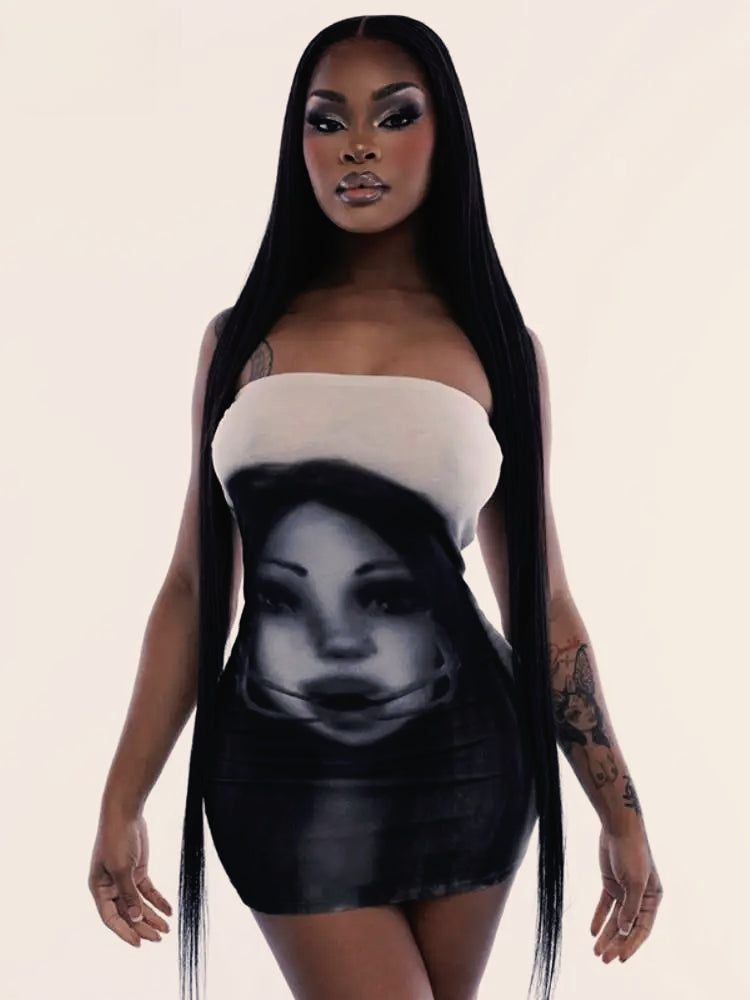 Strapless Graphic Print Bodycon Mini Dress