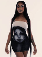 Strapless Graphic Print Bodycon Mini Dress