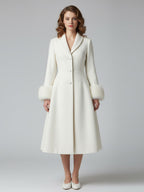 Vintage A-line Woolen Flared Midi Coat With Detachable faux fur cuffs In White 2026