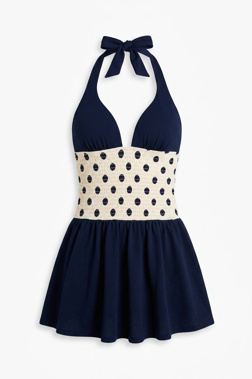 Polka Dot Halter Plunge V-Neck Smocked Waist Skirted One Piece Swim Dress
