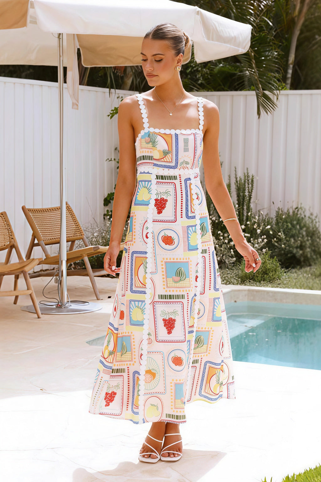 Red Square Neck Pom Trim Fruit Stamp Print Midi Dress
