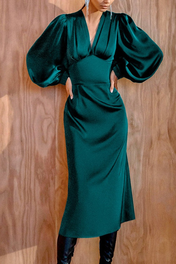 Satin Puff Sleeve Deep V Neck Pleated Bodice Mermaid Midi Dress