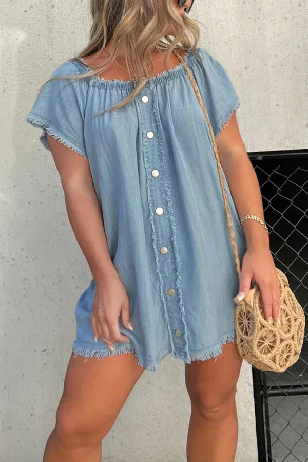 Off Shoulder Denim Button Front Frayed Trim Shift Mini Dress