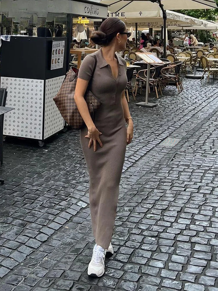 Ribbed Knit Polo Collar Button Placket Side Slit Maxi Dress