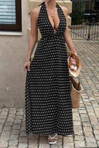 Black Halter Neck Deep V Pleated Polka Dot Maxi Dress