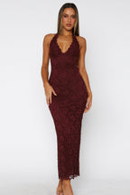 Floral Lace Halter Deep V Scalloped Trim Mermaid Maxi Dress