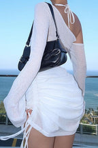 One Shoulder Long Sleeve Ruched Drawstring Sheer Mesh Mini Dress