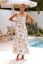 Red Square Neck Pom Trim Fruit Stamp Print Midi Dress