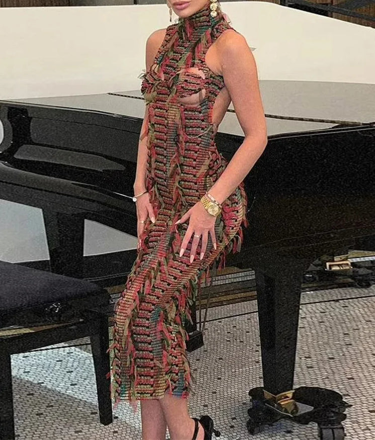 Halter Neck Bust Cut Out Tassel Fringe Knit Bodycon Maxi Dress