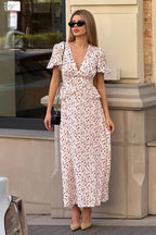 V-Neck Wrap Waist Puff Floral Dress