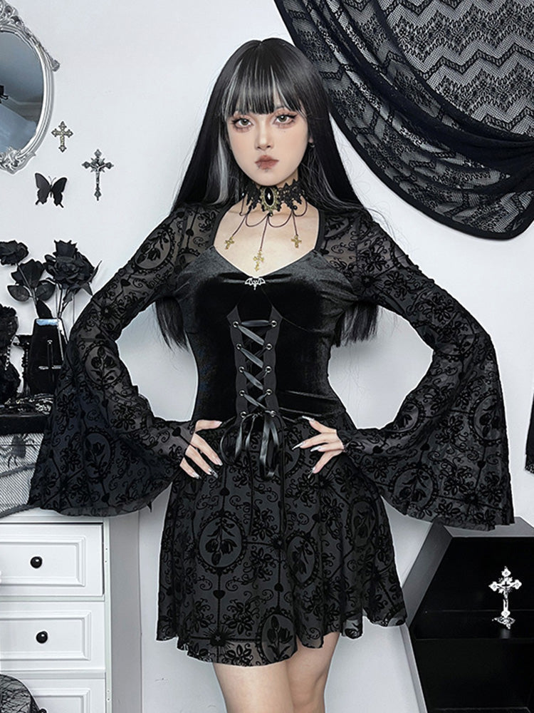Lace Up Corset Sweetheart Bell Sleeve Damask Overlay Mini Dress