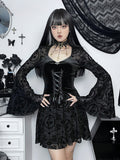 Lace Up Corset Sweetheart Bell Sleeve Damask Overlay Mini Dress