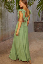 Deep V Neck Ruffle Strap Wood Ring Cutout Tiered Maxi Dress