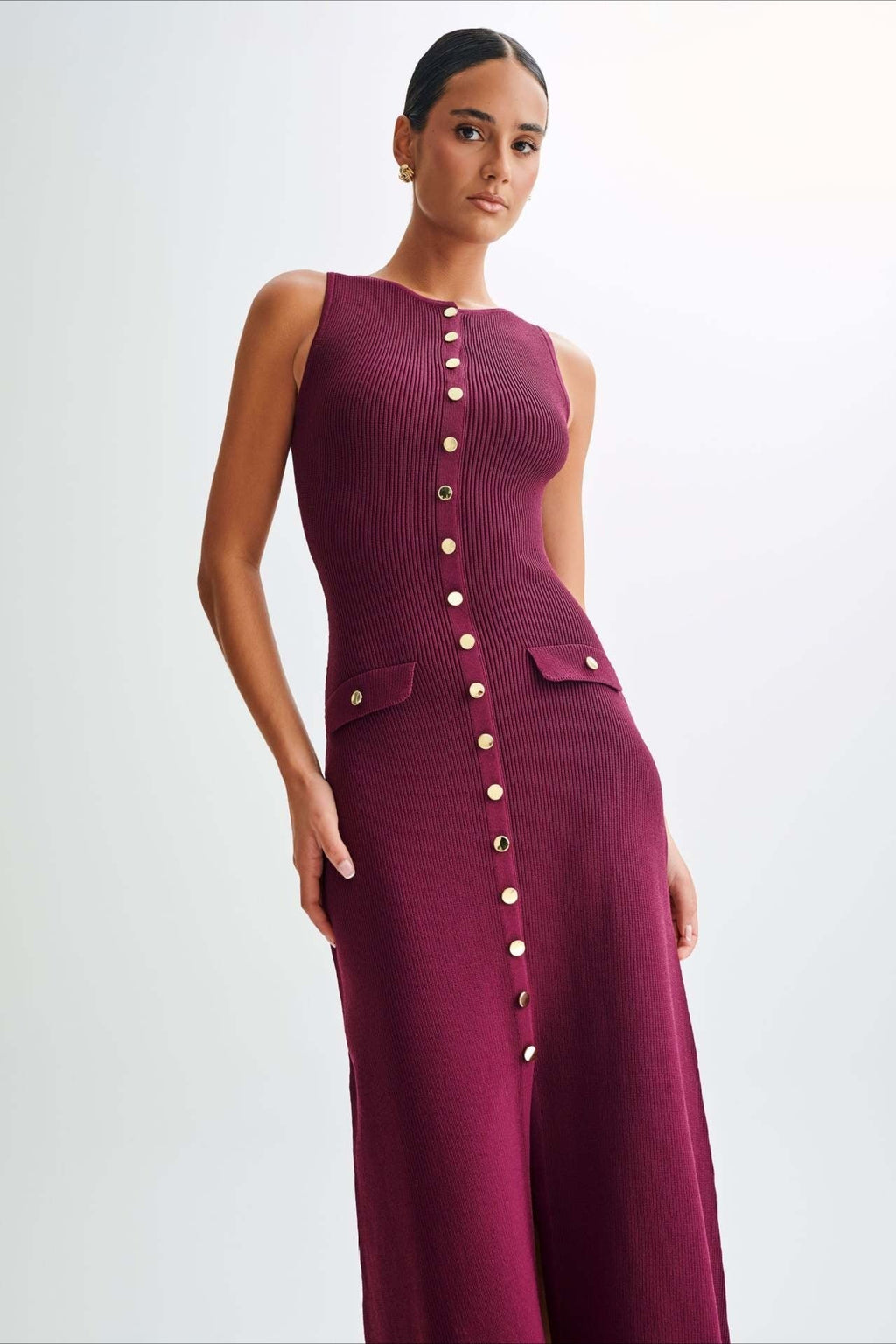 Ribbed Knit Button Front Crew Neck Pocket Bodycon Midi Dress