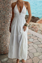 Deep V Neck Halter Smocked Waist Tiered Maxi Dress