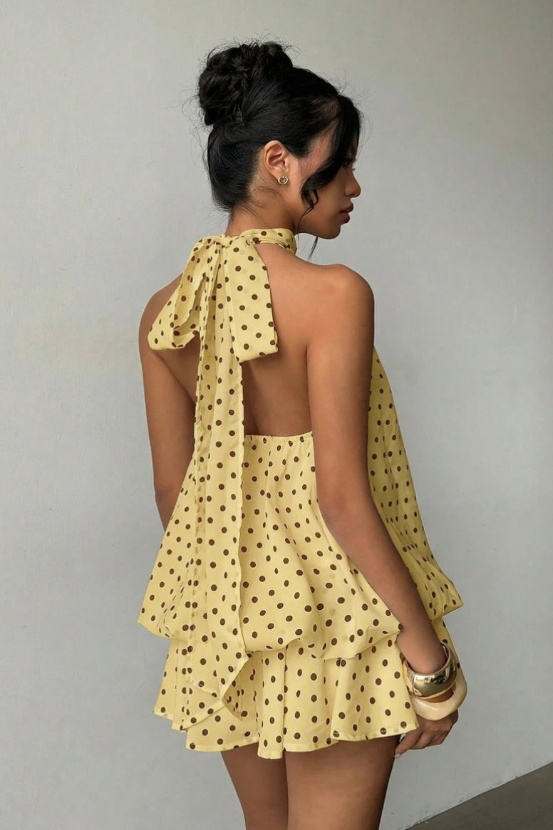 Halter High Neck Tiered Ruffle Polka Dot Romper Dress