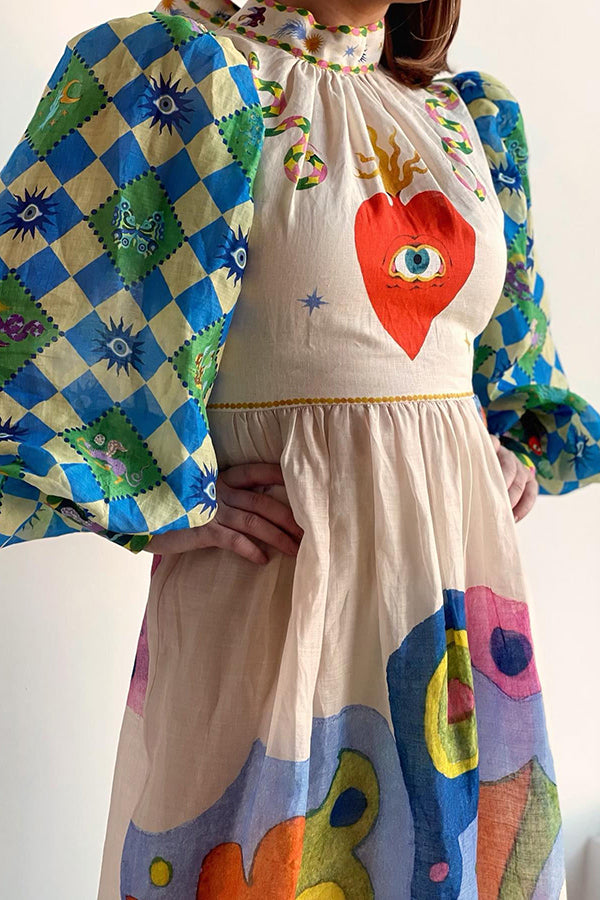Mock Neck Lantern Sleeve Heart and Eye Graphic Print A-Line Maxi Dress