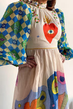 Mock Neck Lantern Sleeve Heart and Eye Graphic Print A-Line Maxi Dress