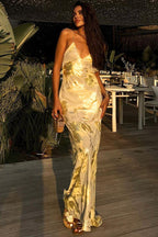 Metallic Foil Print Spaghetti Strap Deep V-Neck Slip Maxi Dress
