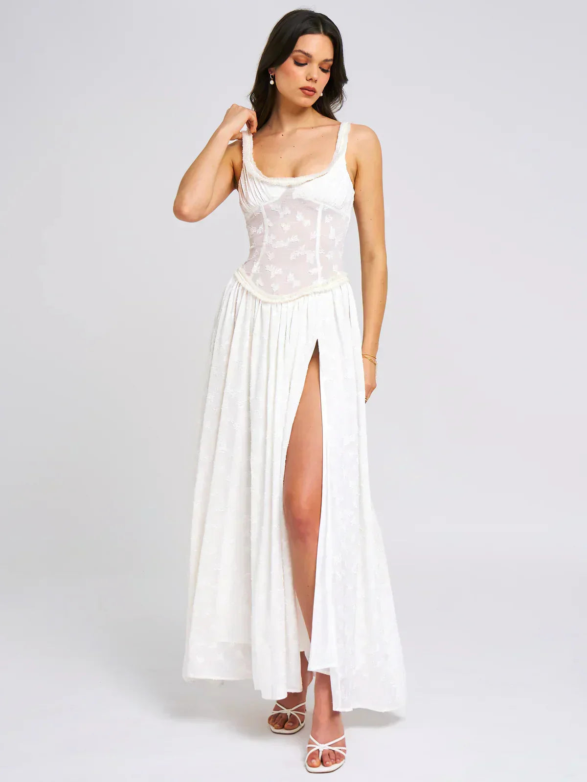Lace Overlay Corset Bodice Scoop Neck Pleated Thigh Slit Maxi Dress