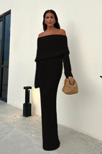 Knit Off Shoulder Long Sleeve Foldover Collar Bodycon Maxi Sweater Dress
