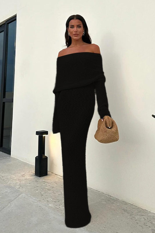 Knit Off Shoulder Long Sleeve Foldover Collar Bodycon Maxi Sweater Dress