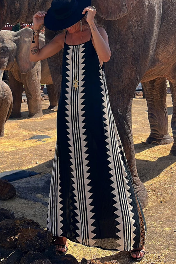 Geometric Tribal Print Square Neck Spaghetti Strap Maxi Dress