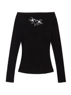 Spider Print Off Shoulder Long Sleeve Tee