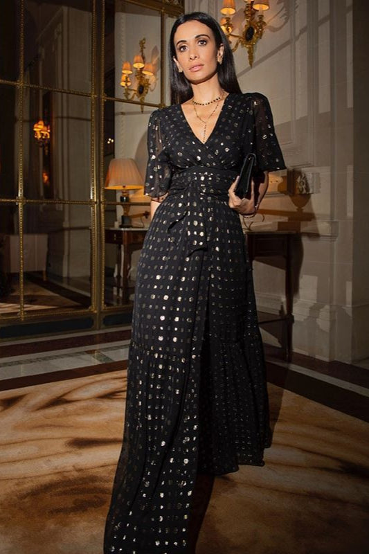 Polka Dot Metallic Deep V-Neck Puff Sleeve Tie Waist Tiered Maxi Dress