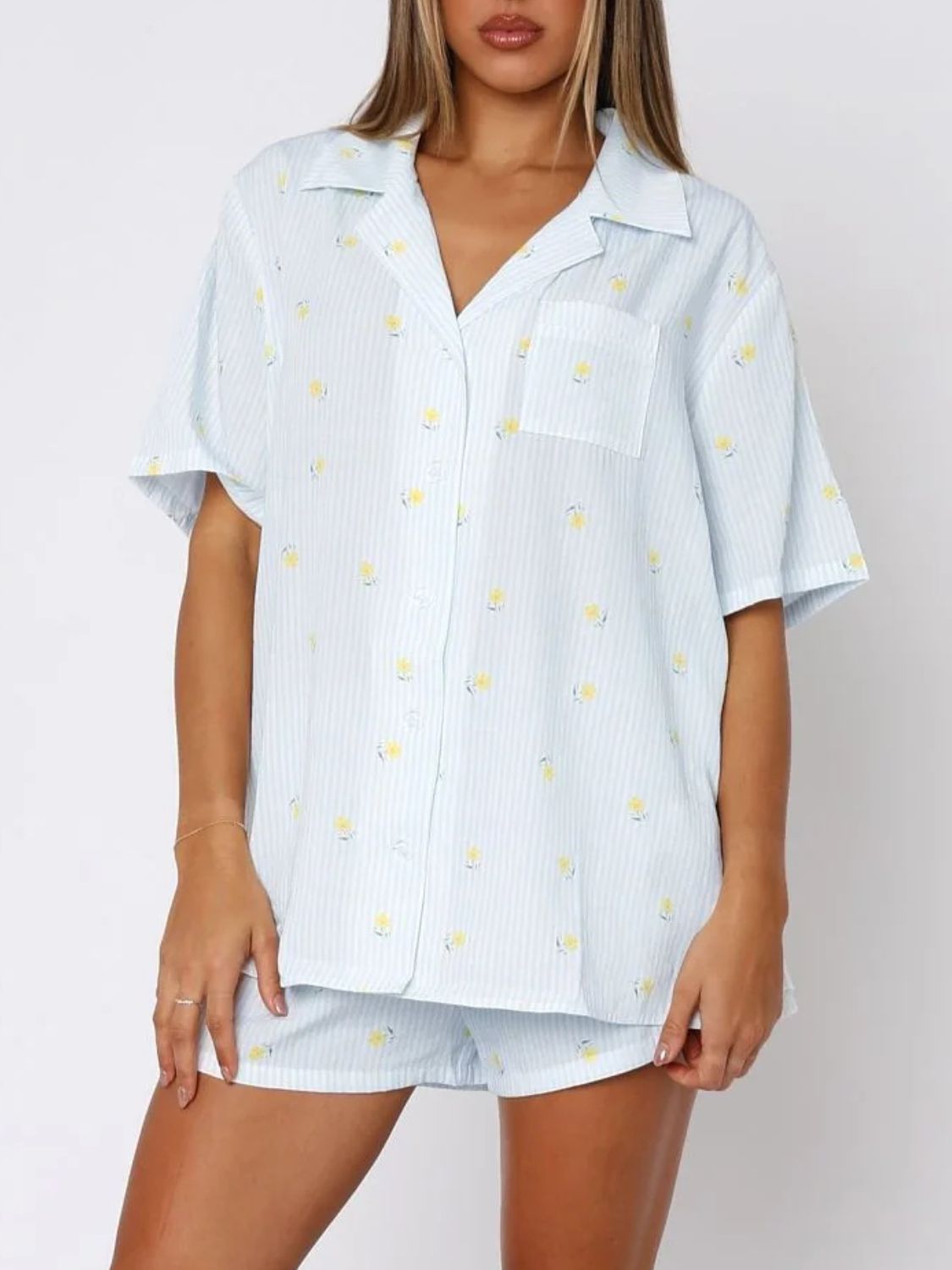 Blue Zone Planet | Valentine's Day Printed Collared Neck Short Sleeve Top And Shorts Set