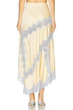 Wine Tasting Contrast Color Satin Lace Trim Irregular Hem Drape Midi Skirt