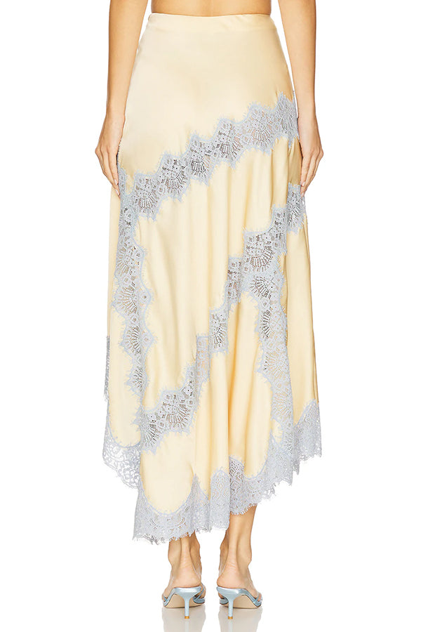 Wine Tasting Contrast Color Satin Lace Trim Irregular Hem Drape Midi Skirt