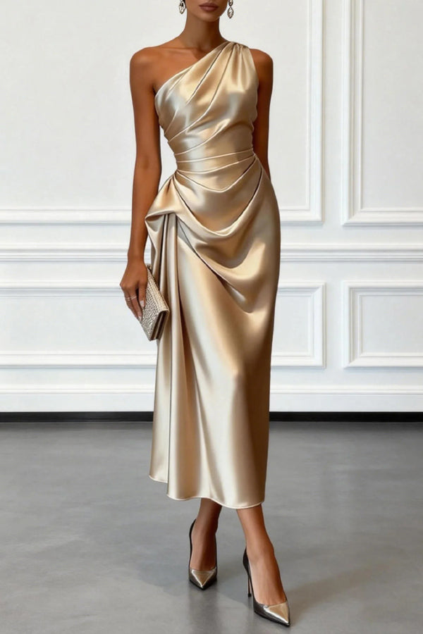 Satin One-shoulder Pleated Waist Elegant Midi Dress