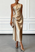 Satin One-shoulder Pleated Waist Elegant Midi Dress