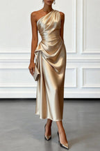 Satin One-shoulder Pleated Waist Elegant Midi Dress