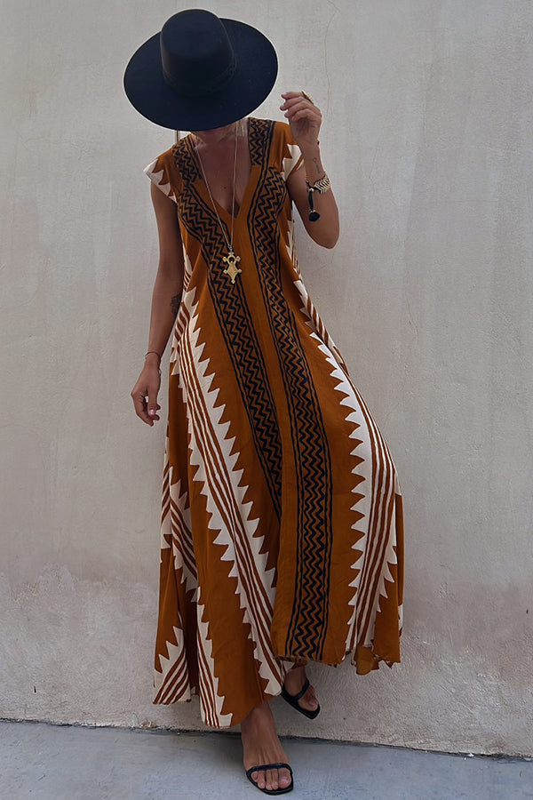 Ethnic Geometric Print Cap Sleeve Deep V-Neck A-Line Maxi Dress