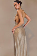 Sequin Halter Neck Deep V-Neck Bodycon Midi Dress