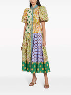 Striped Collar Button Front Puff Sleeve Patchwork Print Tiered Midi Shirt Dress