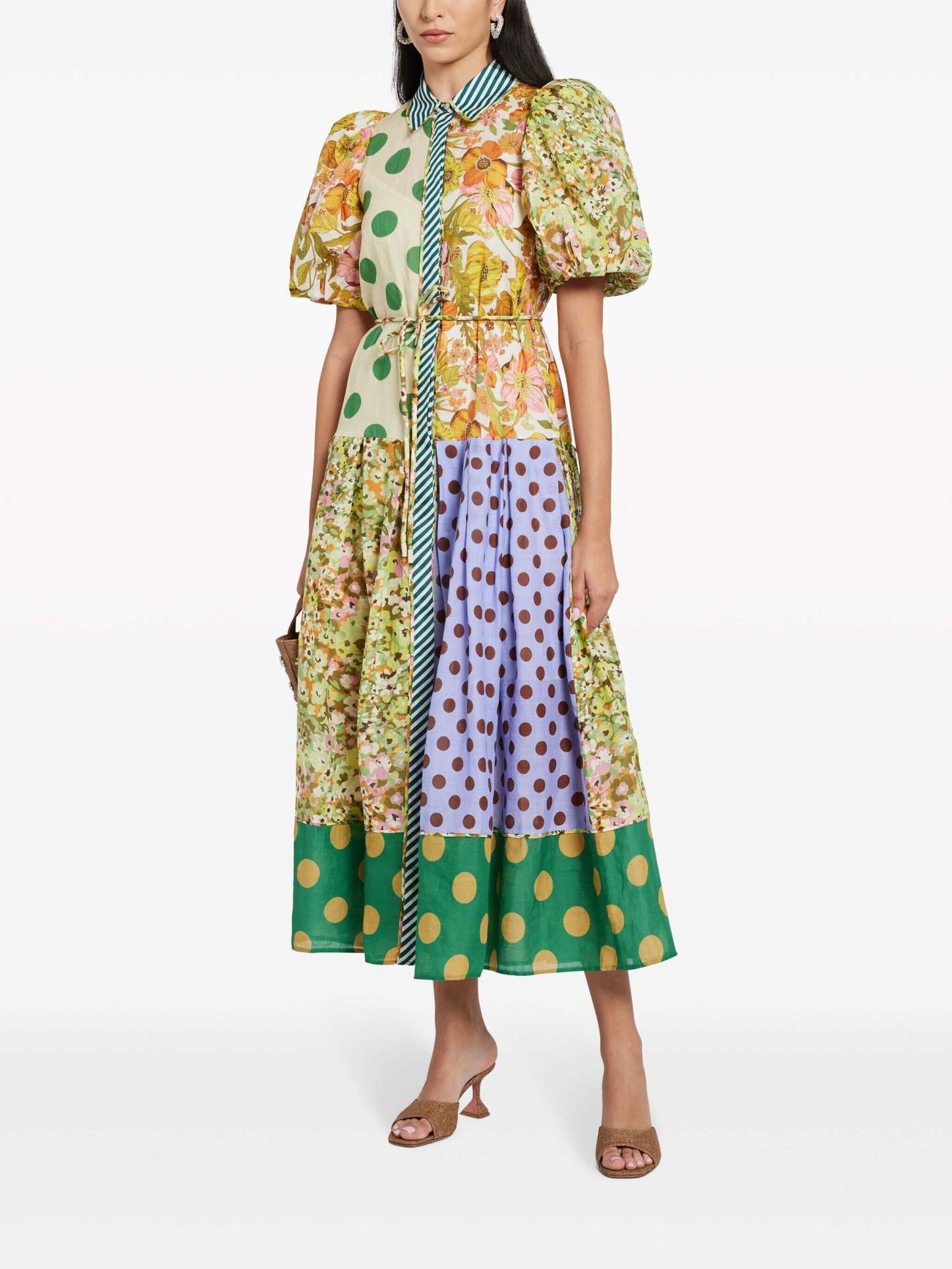 Striped Collar Button Front Puff Sleeve Patchwork Print Tiered Midi Shirt Dress