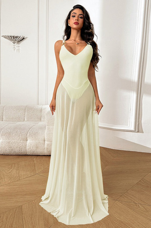 Mesh Overlay Deep V-Neck Spaghetti Strap A-Line Maxi Dress
