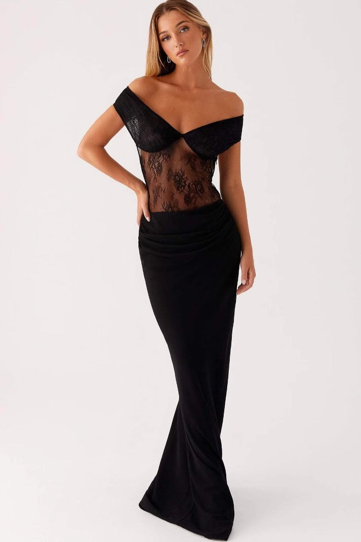 Off Shoulder Sweetheart Lace Paneled Sheer Midriff Column Maxi Dress