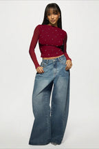 Double Layer Tulle Rhinestone Chic Long Sleeve Tee