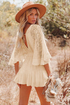 Deep V Neck Smocked Waist Lace Flutter Sleeve Button Front Tiered Mini Dress