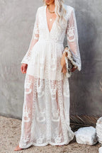Deep V Neck Long Sleeve Floral Embroidered Mesh High Slit Maxi Dress