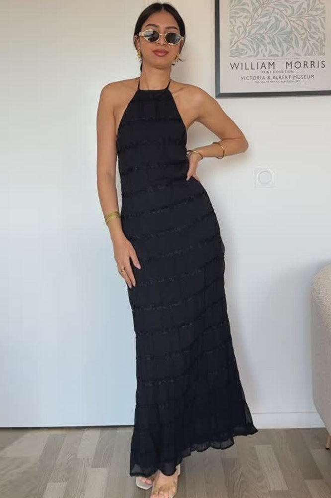 Halter Neck Horizontal Shirred Smocked Column Maxi Dress