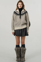 Color Block Turn-Down Collar Loose Sweater