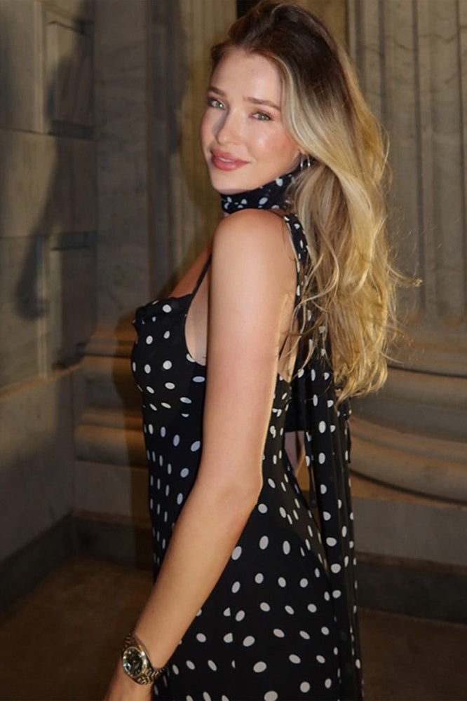 Polka Dot Spaghetti Strap Tiered Ruffle Hem Bodycon Maxi Dress