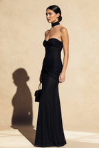 Sequin Strapless Sweetheart Neck Ruched Knot Hip Sheer Mesh Maxi Dress